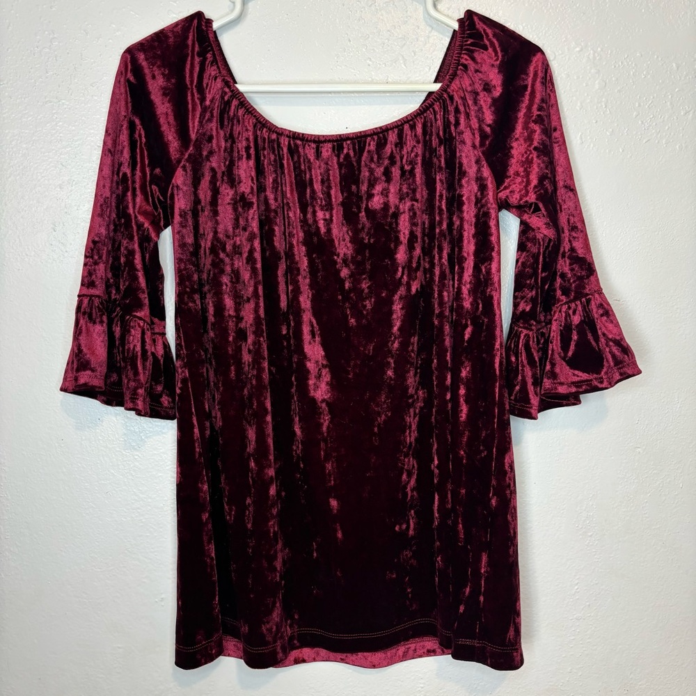 Burgundy Velvet Peplum Blouse Fall Winter Holiday Career XS BEACHLUNCHLOUNGE